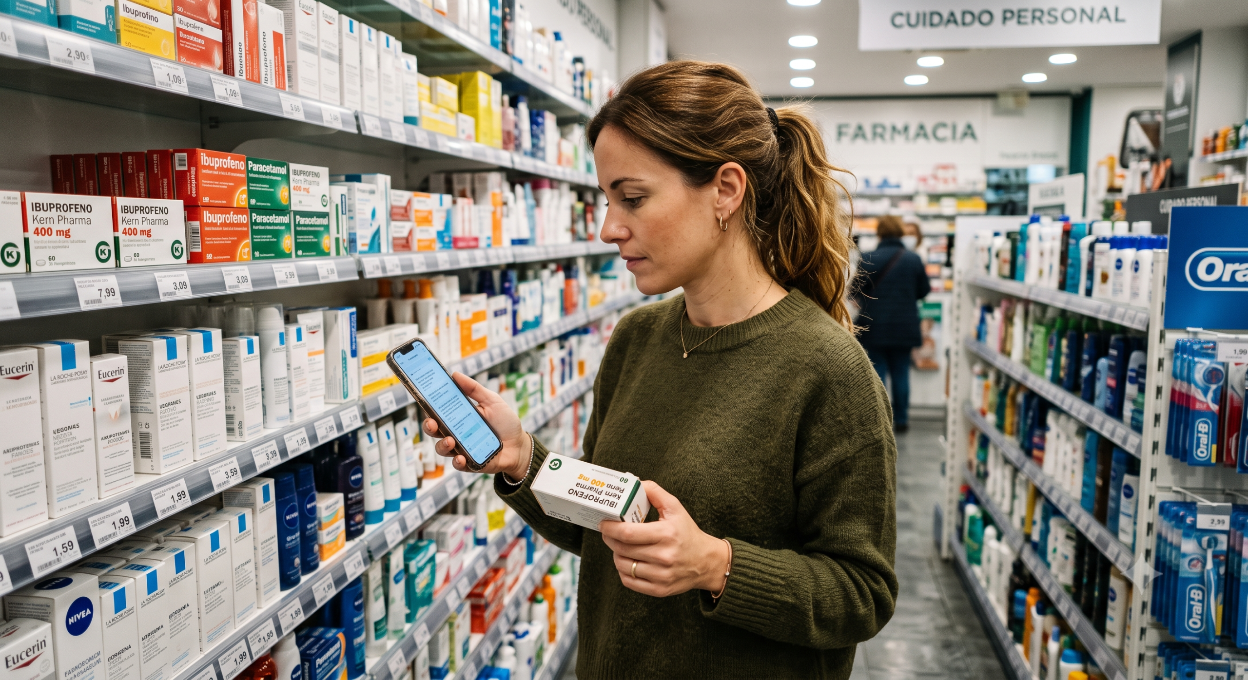 Una mujer frente a una góndola de farmacia, con un envase de un medicamento en la mano, leyendo información médica del producto en su teléfono móvil.